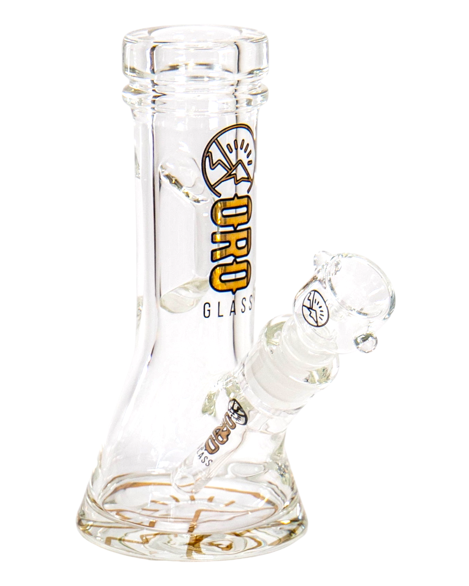 An Oro Glass Company 8.5 Karat Thick Beaker Water Pipe V2 with clear base logo.