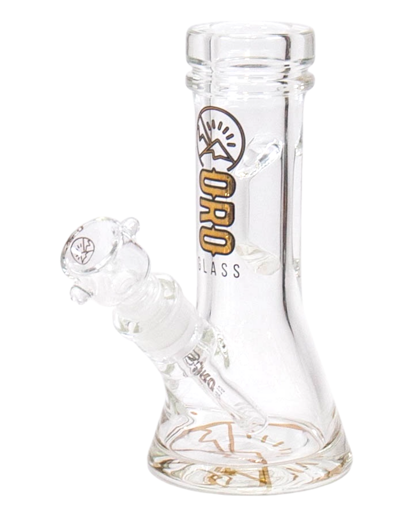 An Oro Glass Company 8.5 Karat Thick Beaker Water Pipe V2 with clear base logo.