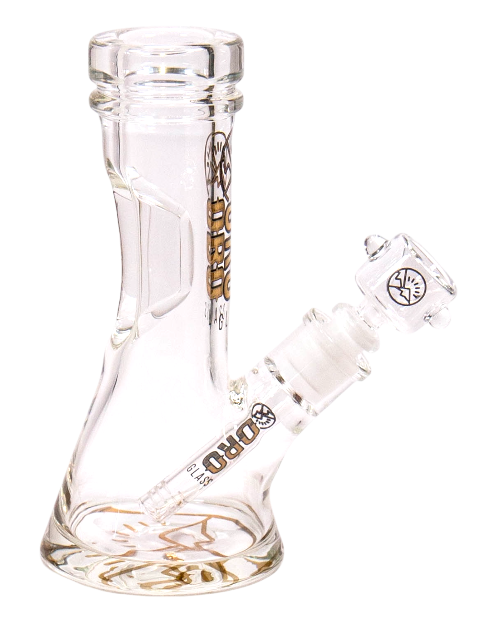 An Oro Glass Company 8.5 Karat Thick Beaker Water Pipe V2 with clear base logo.