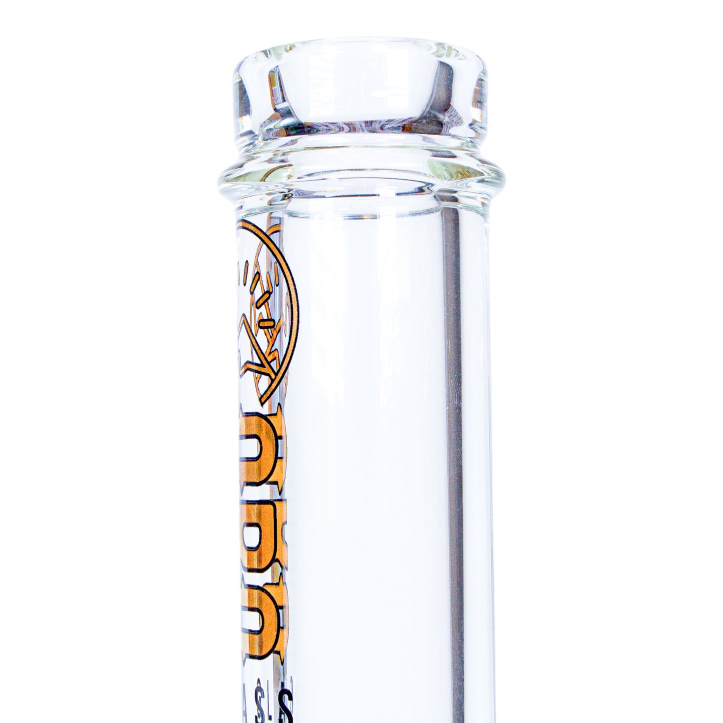 The mouthpiece of an Oro Glass Company Mother Lode Thick Straight Tube Water Pipe.