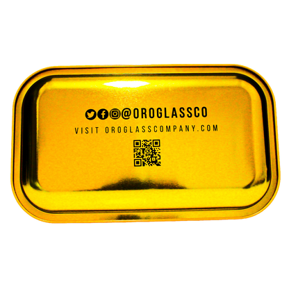 The back of an Oro Glass Company Yellow Gold Rolling Tray.