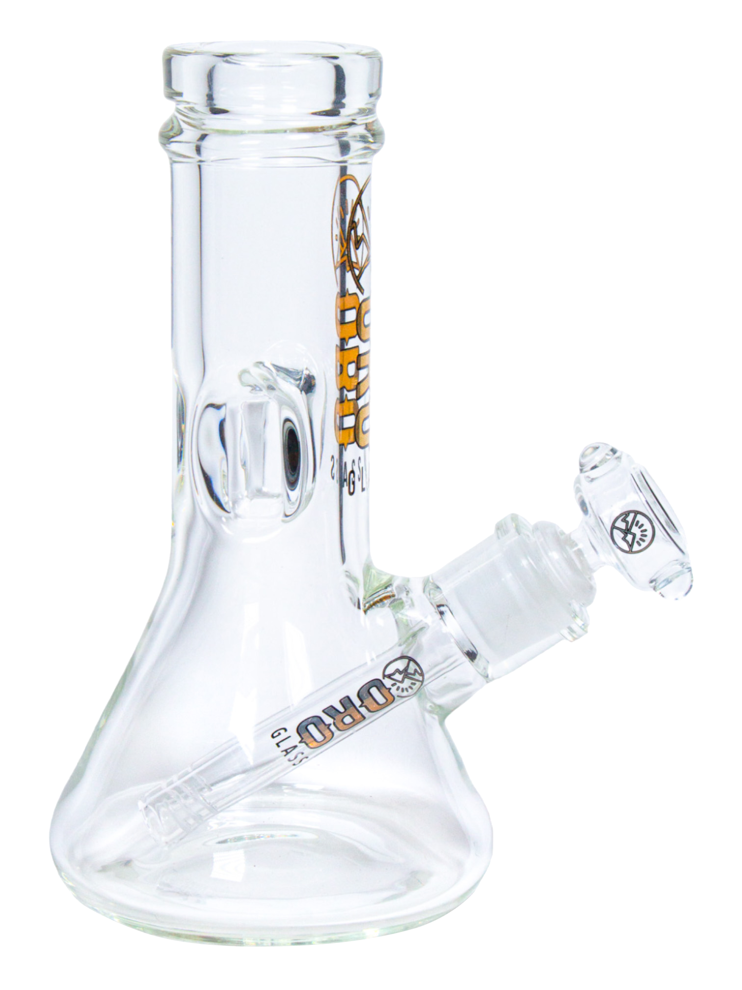 The side of an Oro Glass Company 8.5 Karat Thick Beaker Water Pipe.