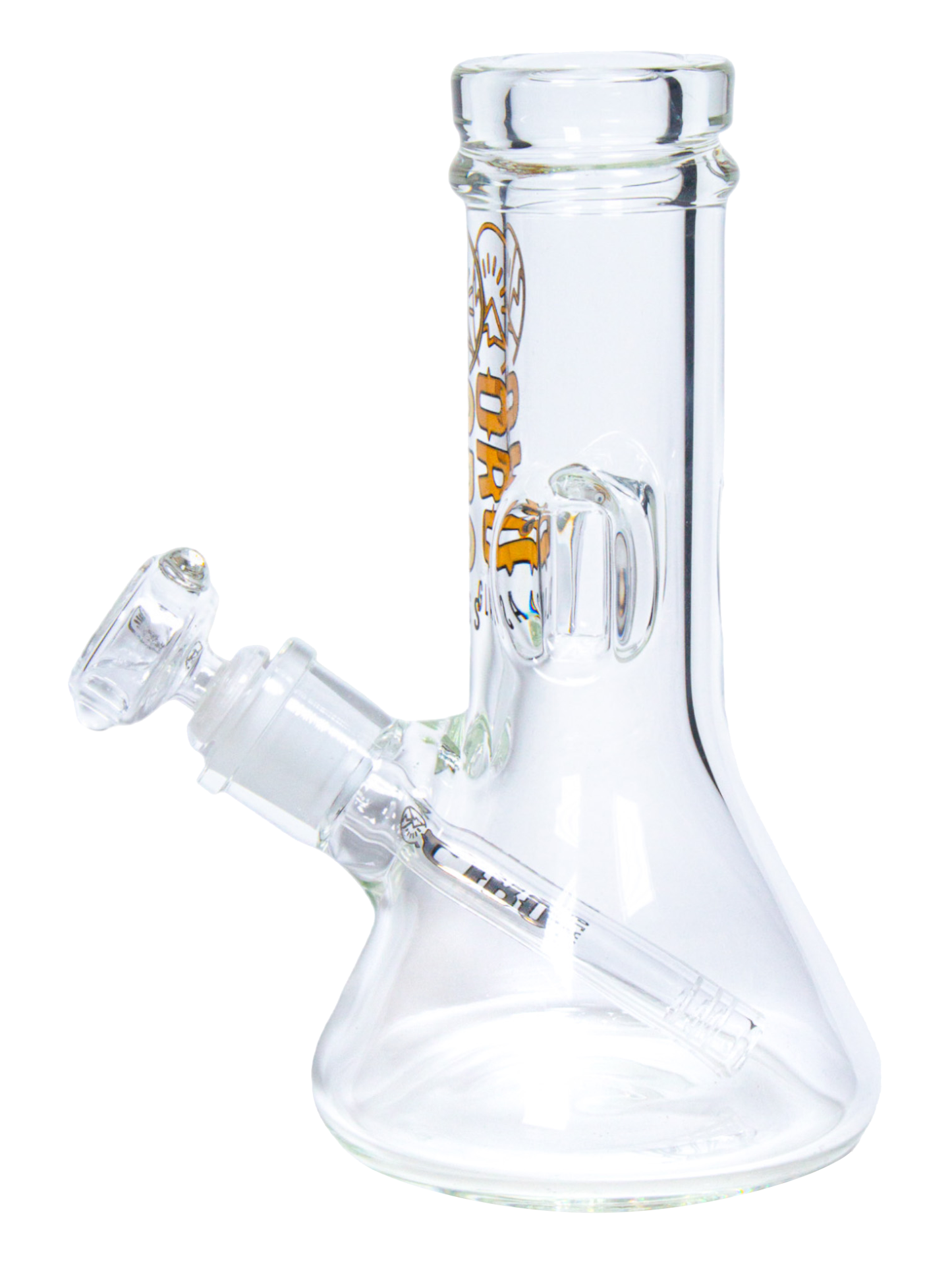 The side of an Oro Glass Company 8.5 Karat Thick Beaker Water Pipe.