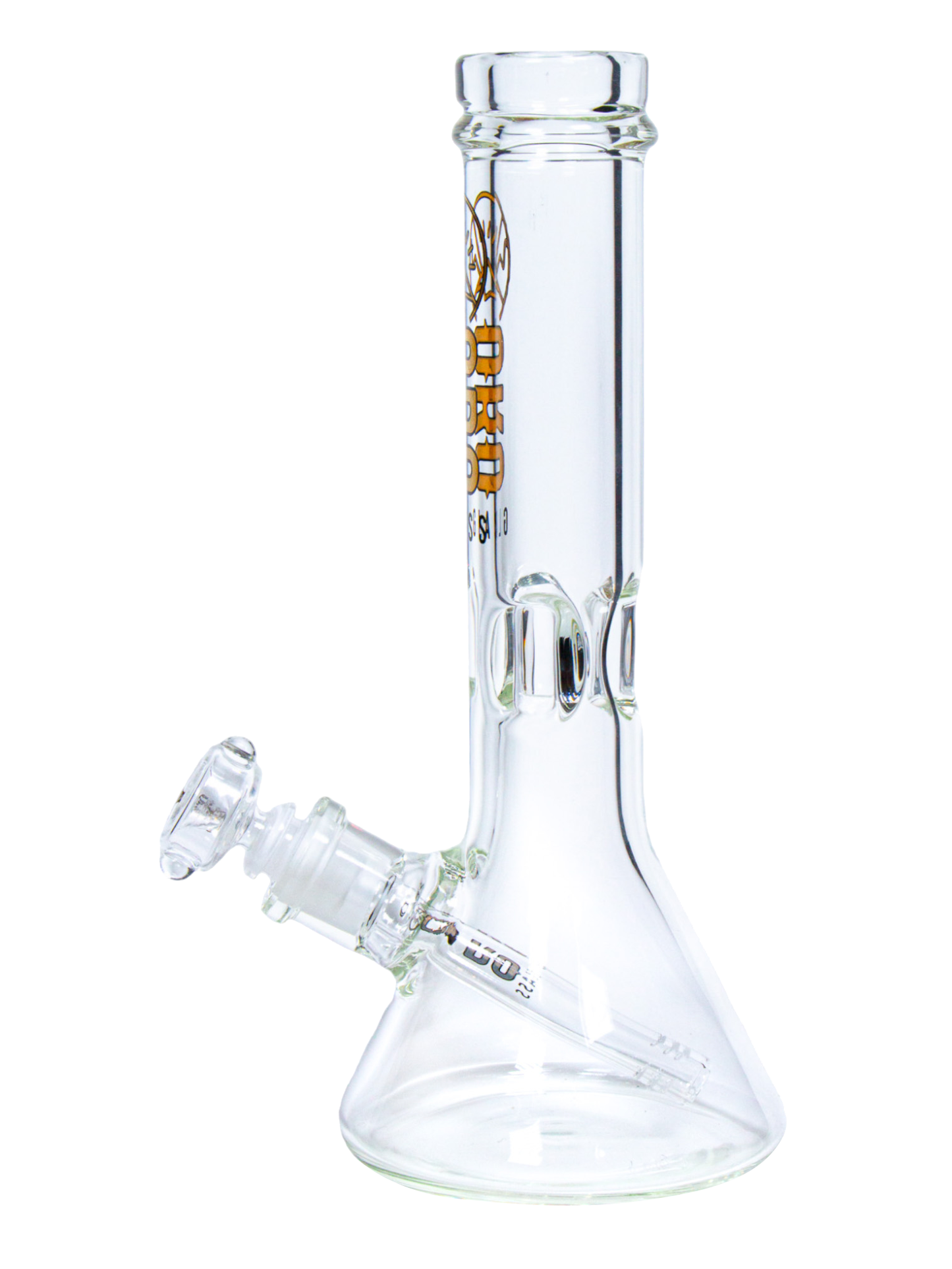 The side of an Oro Glass Company 12 Karat Thick Beaker Water Pipe.