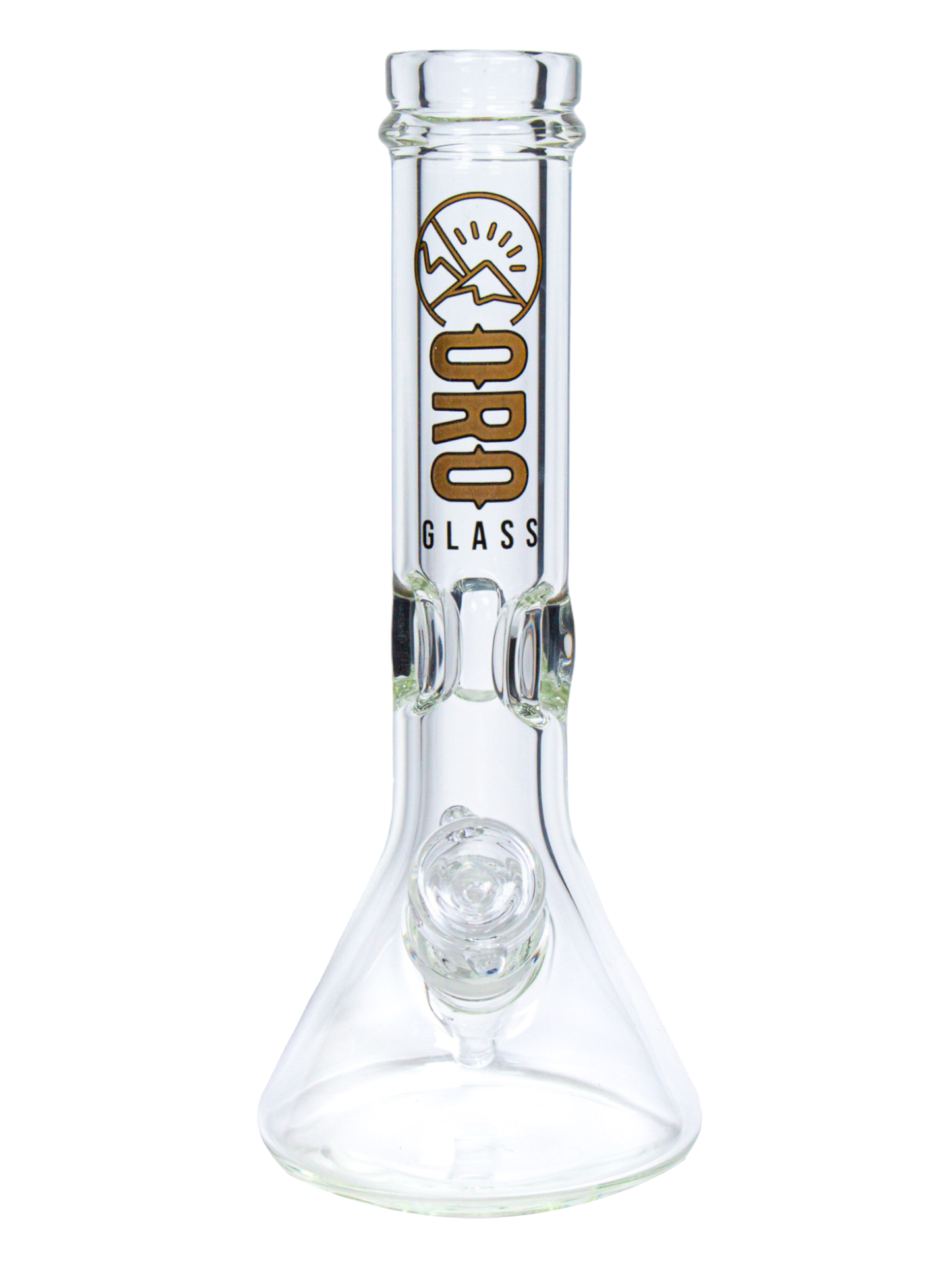 The front of an Oro Glass Company 12 Karat Thick Beaker Water Pipe.