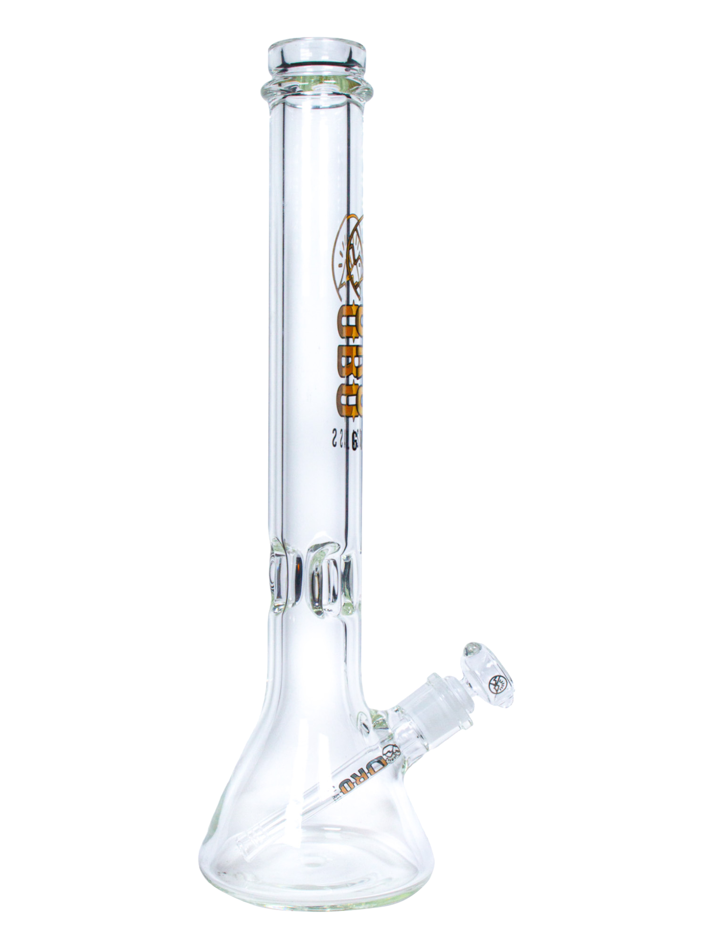 The side of an Oro Glass Company 18 Karat Thick Beaker Water Pipe.