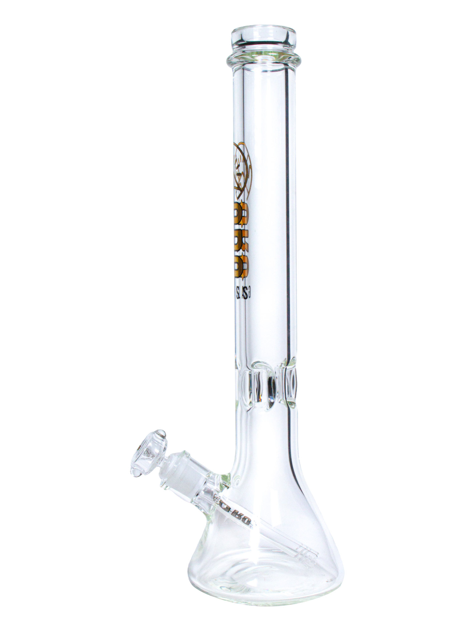 The side of an Oro Glass Company 18 Karat Thick Beaker Water Pipe.
