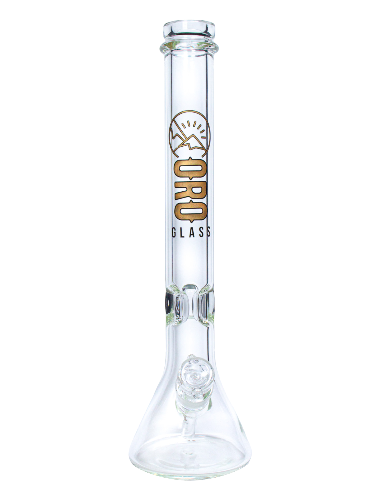 The front of an Oro Glass Company 18 Karat Thick Beaker Water Pipe.