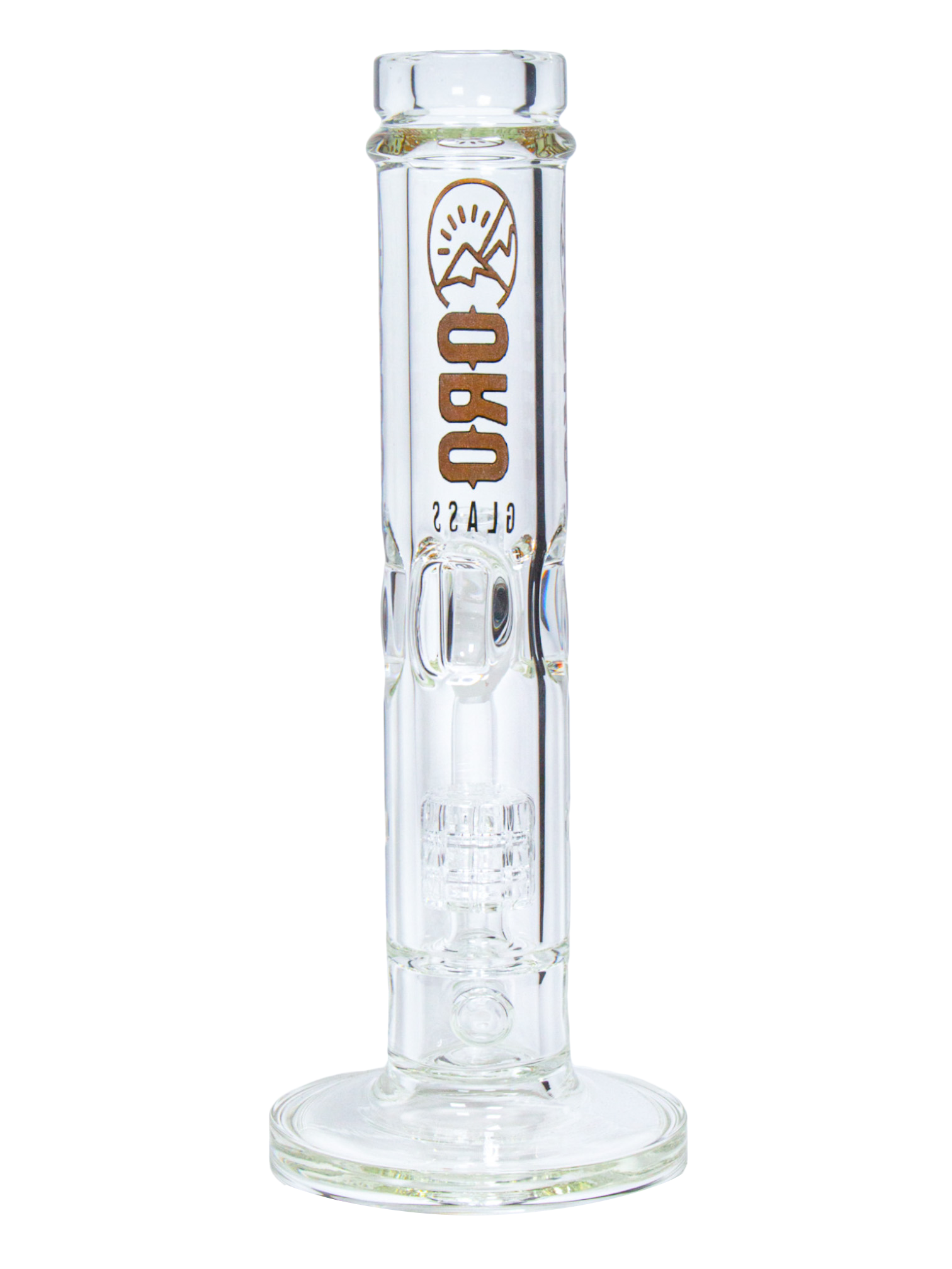 The back of an Oro Glass Company Lode Thick Straight Tube Water Pipe.