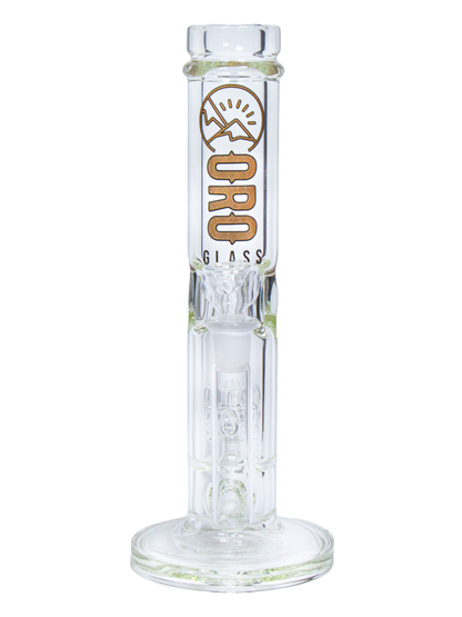 The front of an Oro Glass Company Lode Thick Straight Tube Water Pipe.