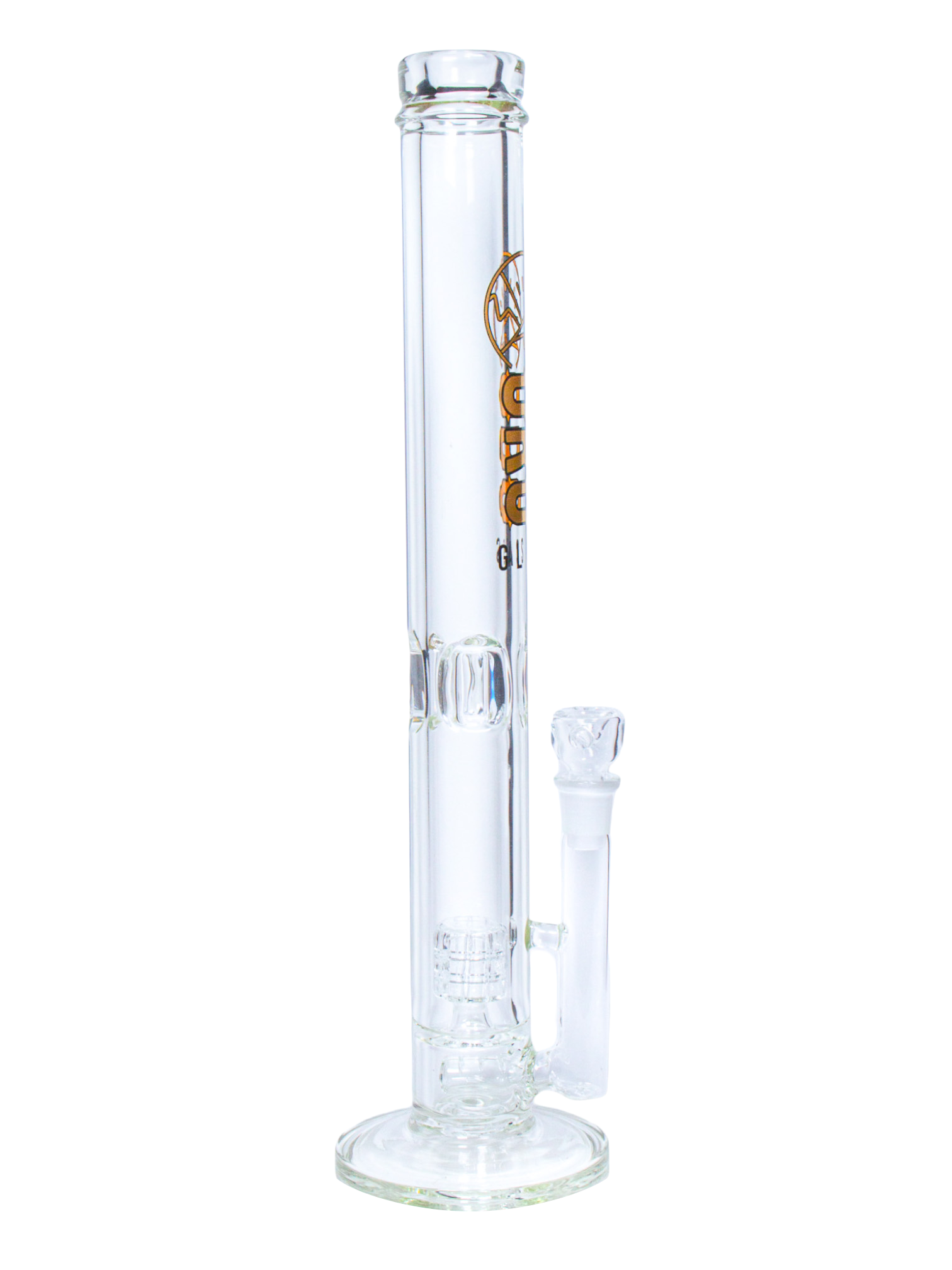 The side of an Oro Glass Company Mother Lode Thick Straight Tube Water Pipe.
