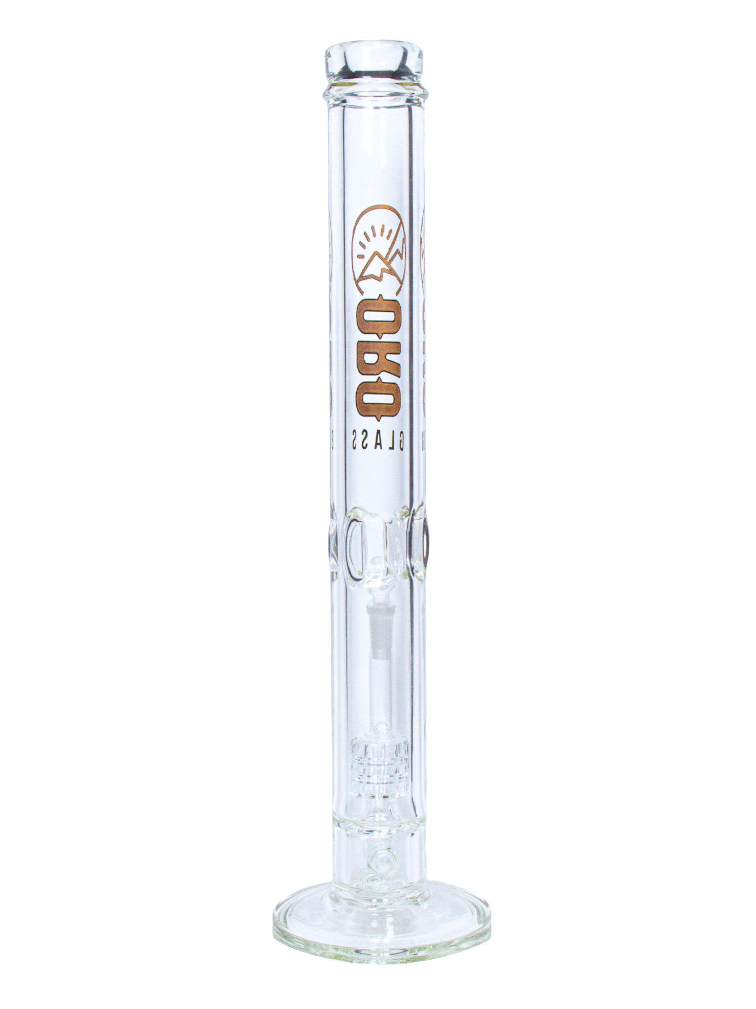 The back of an Oro Glass Company Mother Lode Thick Straight Tube Water Pipe.