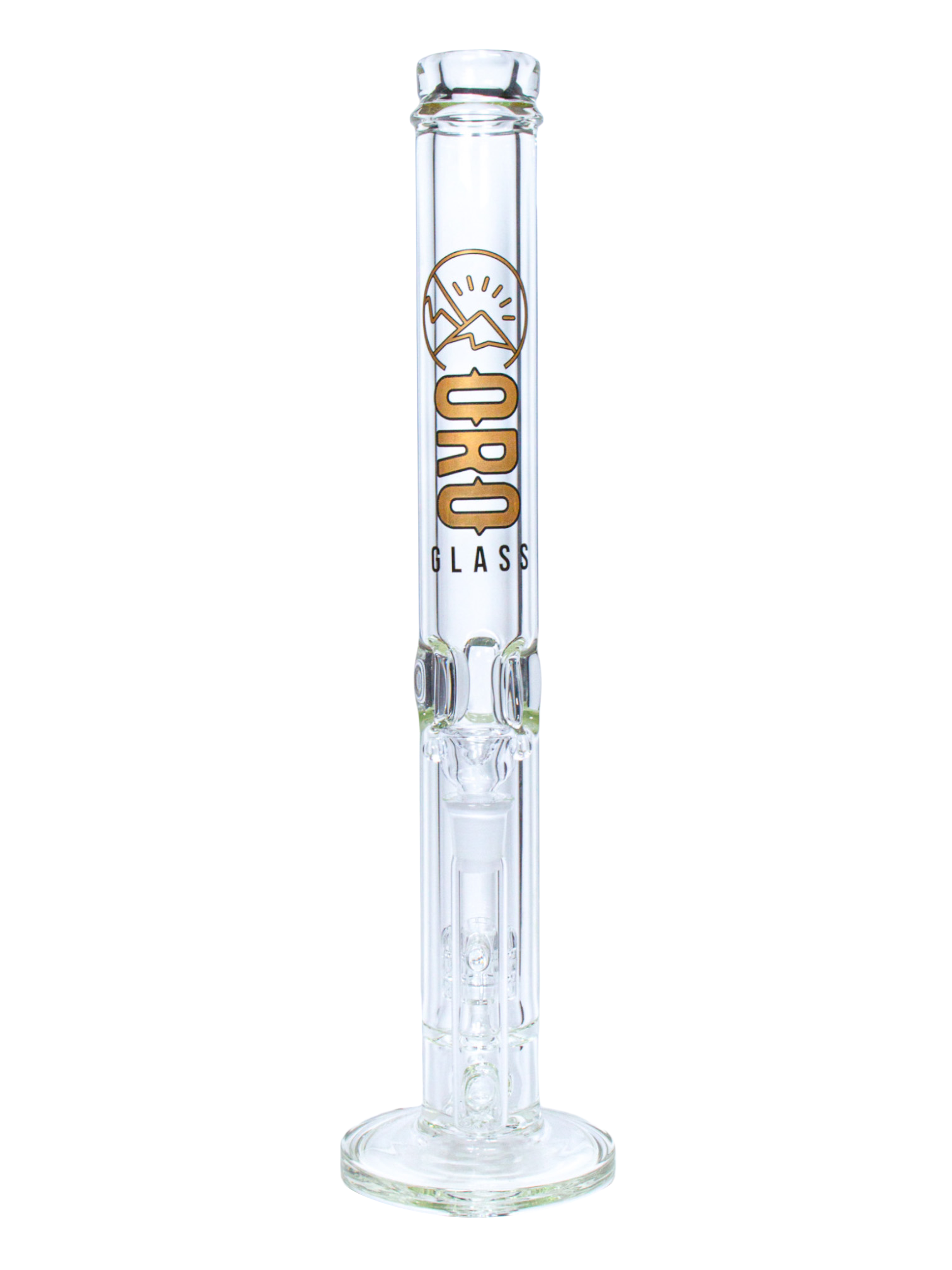 The front of an Oro Glass Company Mother Lode Mother Lode Thick Straight Tube Water Pipe.