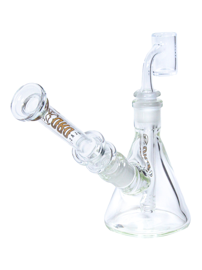 The back of an Oro Glass Company Highbanker Modular Water Pipe set up as a dab rig.