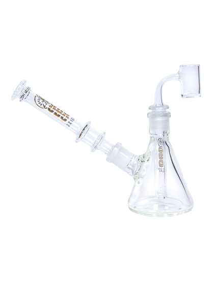The side of an Oro Glass Company Highbanker Modular Water Pipe set up as a dab rig.