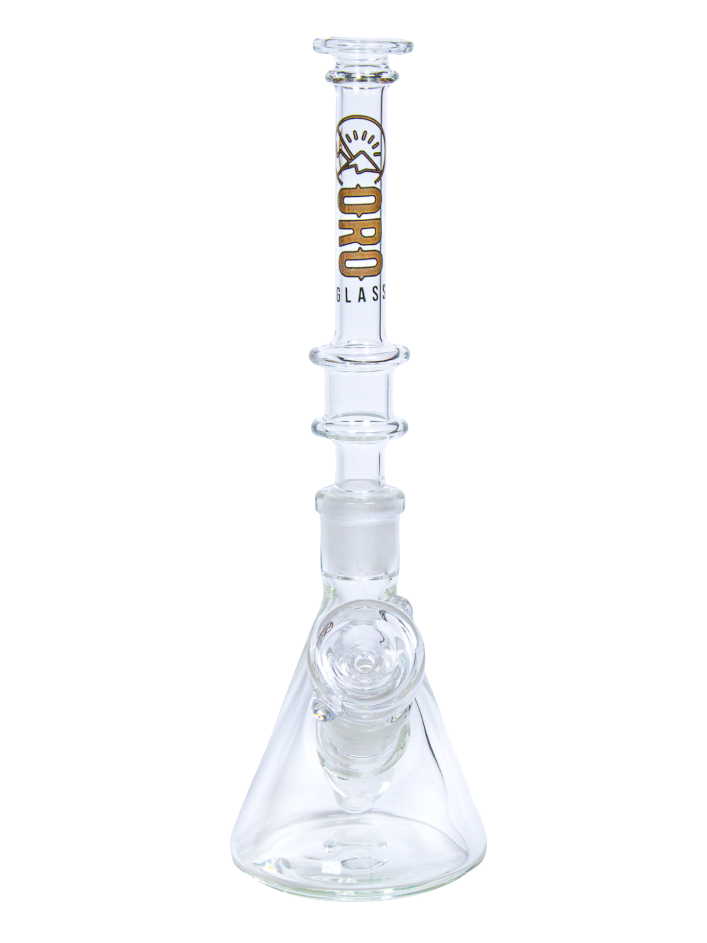 The front of an Oro Glass Company Highbanker Modular Water Pipe set up as a beaker.