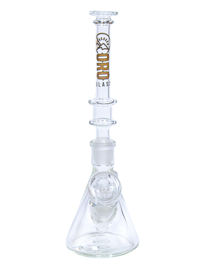 The front of an Oro Glass Company Highbanker Modular Water Pipe set up as a beaker.